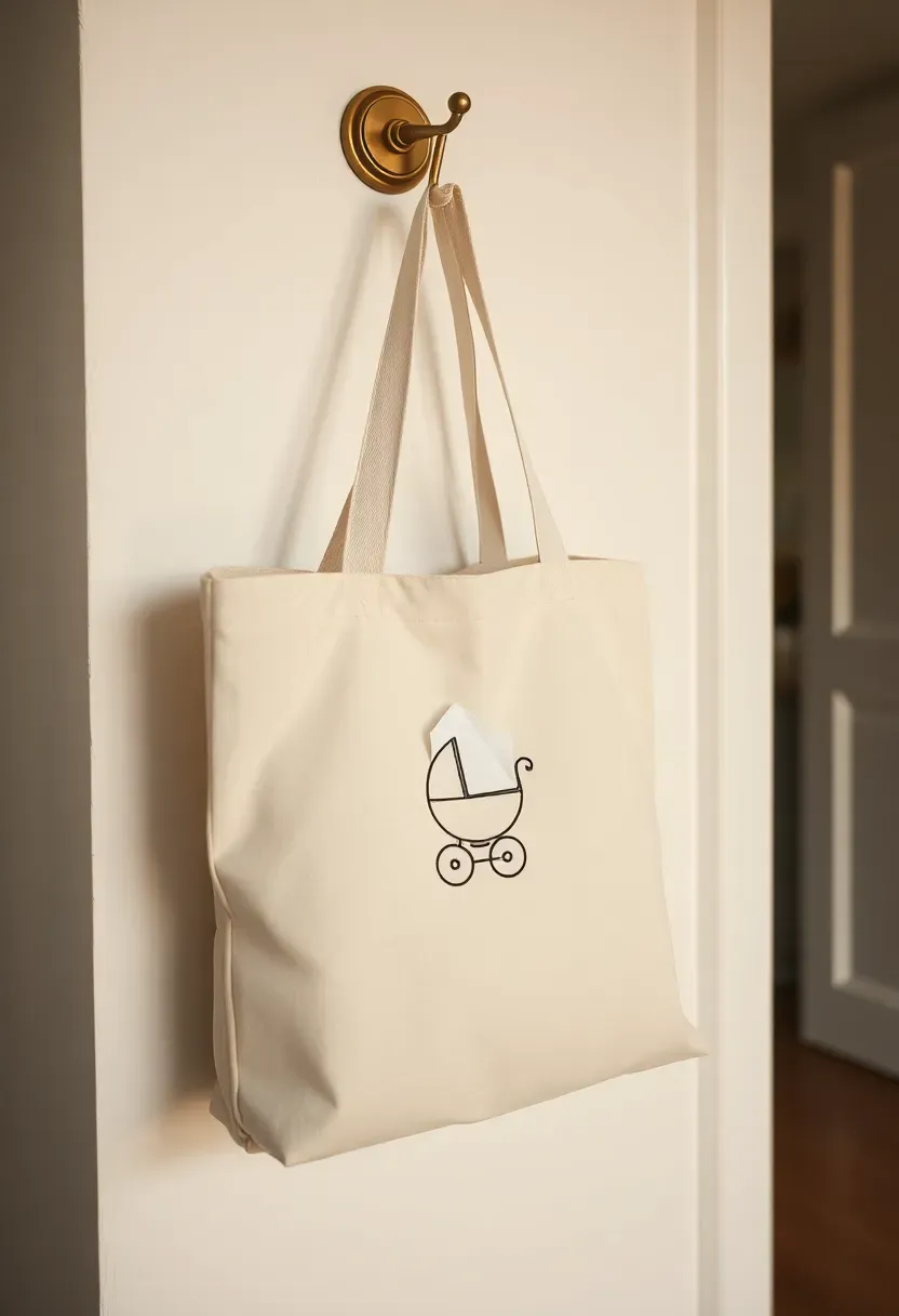 cotton canvas tote bag with a cute printed baby shower design hanging on a wooden hook against a white wall