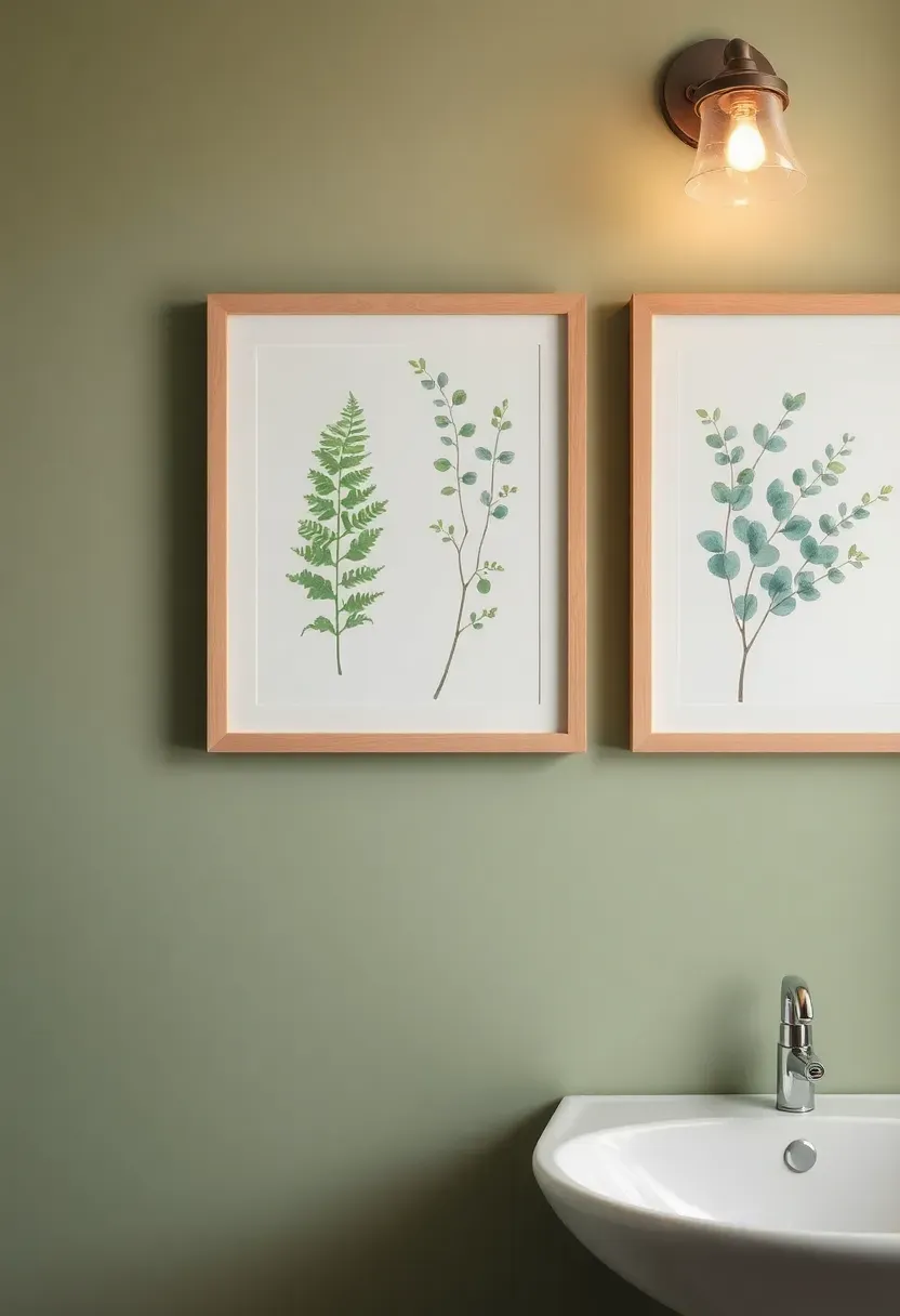 Set of three botanical watercolor paintings of ferns and eucalyptus in light wood frames on a sage green bathroom wall
