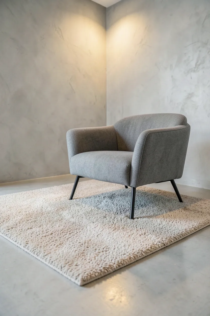 Polished concrete floor in a minimalist living room layered with a thick cream wool rug, chunky knit throw, and velvet cushions on a low-profile sofa