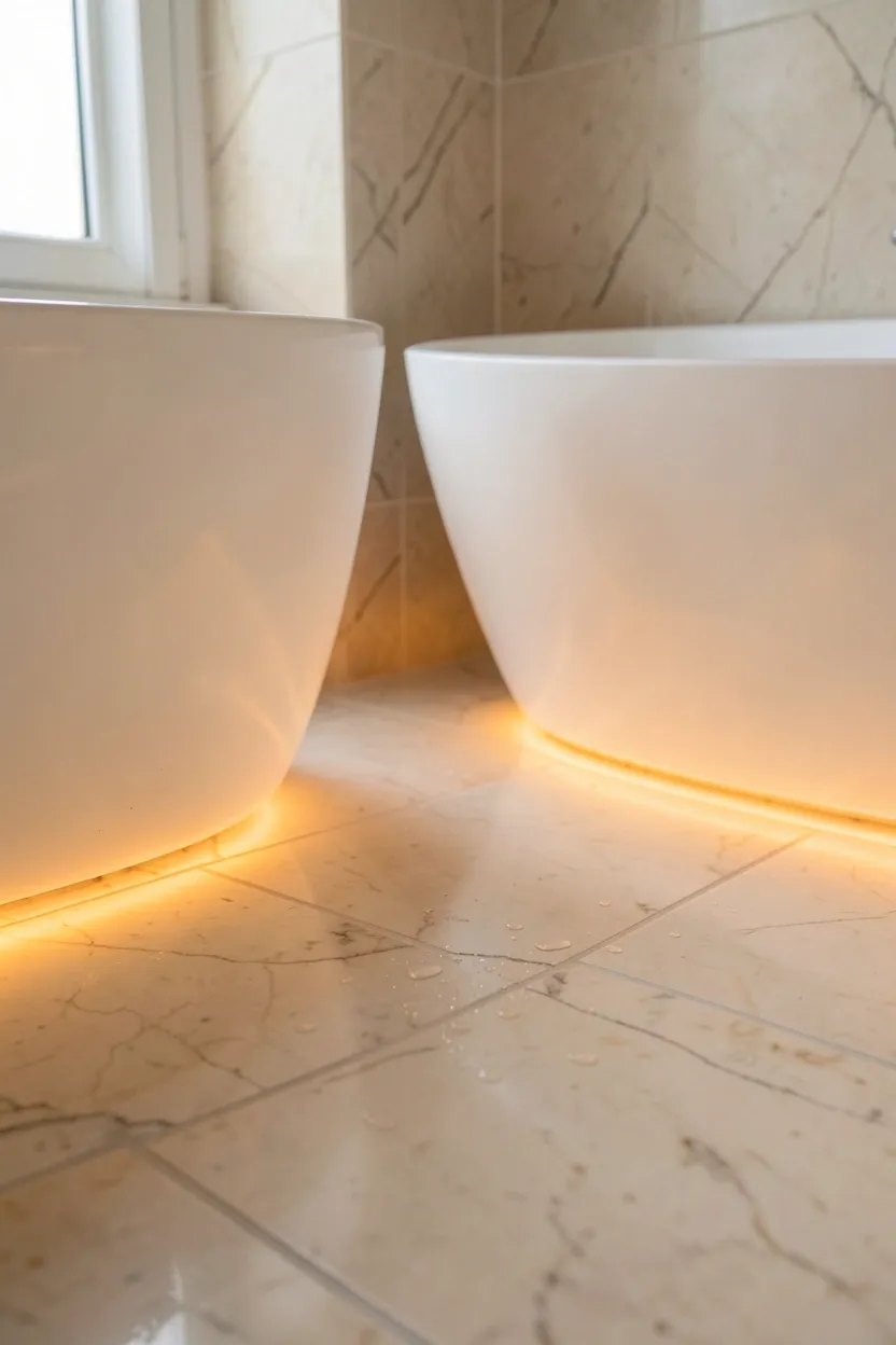Warm stone bathroom floor with hidden radiant heating beneath large format marble tiles