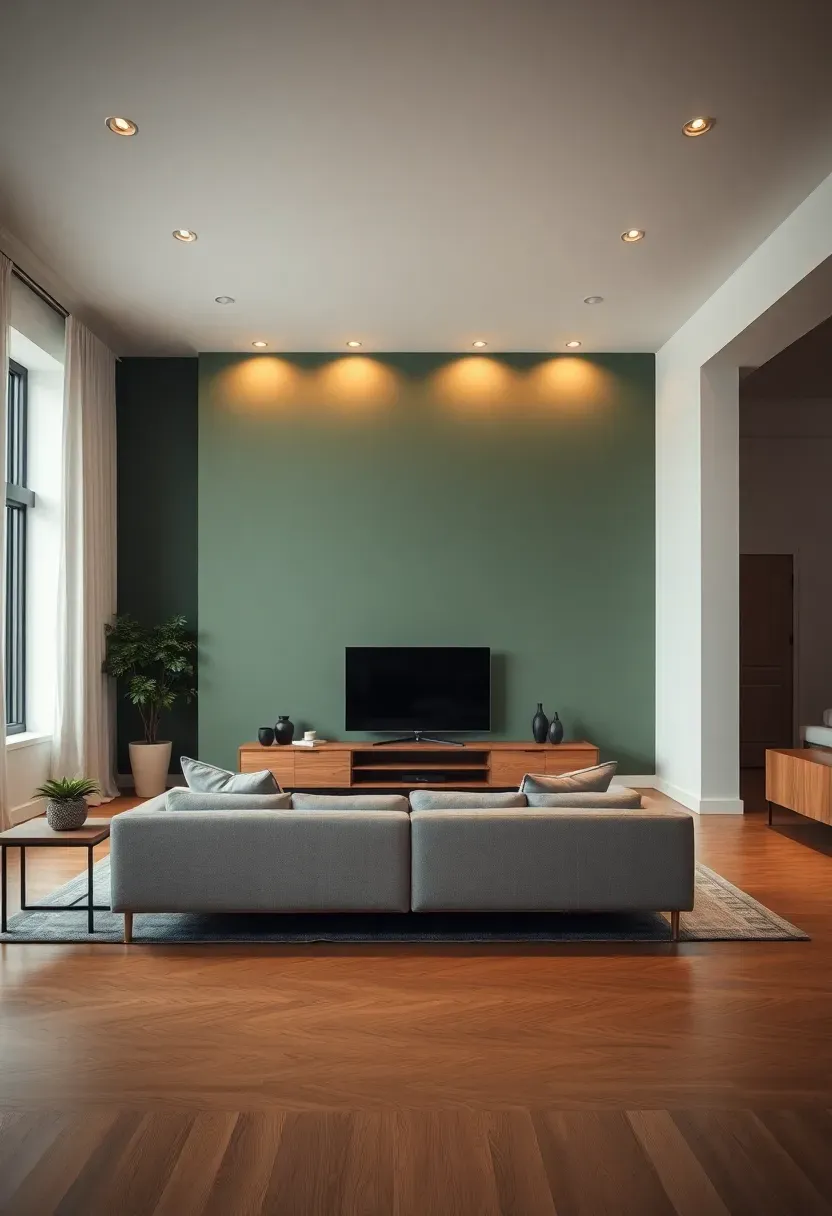 Hyper-realistic view of spacious living room with dark sage green feature wall behind entertainment area, white walls on other sides, light gray sofa, oak media console. Materials: dark sage green matte painted wall, white walls, oak wood, gray fabric. Warm ambient lighting, dramatic sophisticated mood. Feature wall as focal anchor, shallow depth of field, no text, no logos.</p>