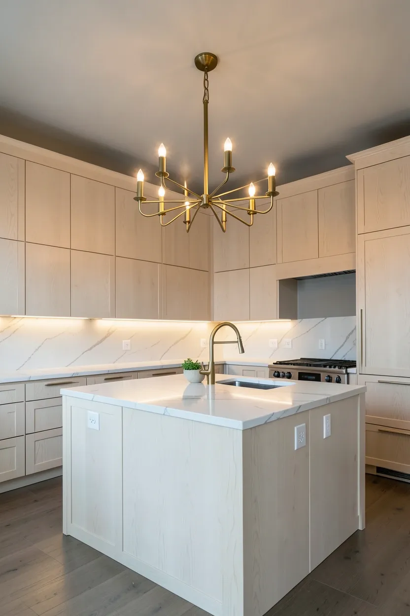 Hyper-realistic wide shot of a modern kitchen with statement lighting over white oak cabinets. Dramatic oversized brass chandelier with multiple arms hangs centrally over large island. White oak flat-panel cabinets throughout with visible natural grain. Waterfall edge island in same white oak. White marble countertop. Natural light filters through chandelier creating warm ambient glow. Neutral walls in warm gray. Clean surfaces focused on lighting as focal element. No text, no logos, no watermarks.</p>