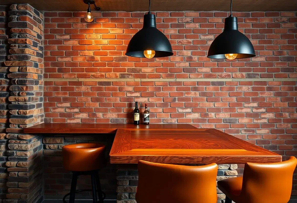 Finished basement bar with stone veneer base, walnut countertop, three leather stools, and pendant lighting against an exposed brick wall