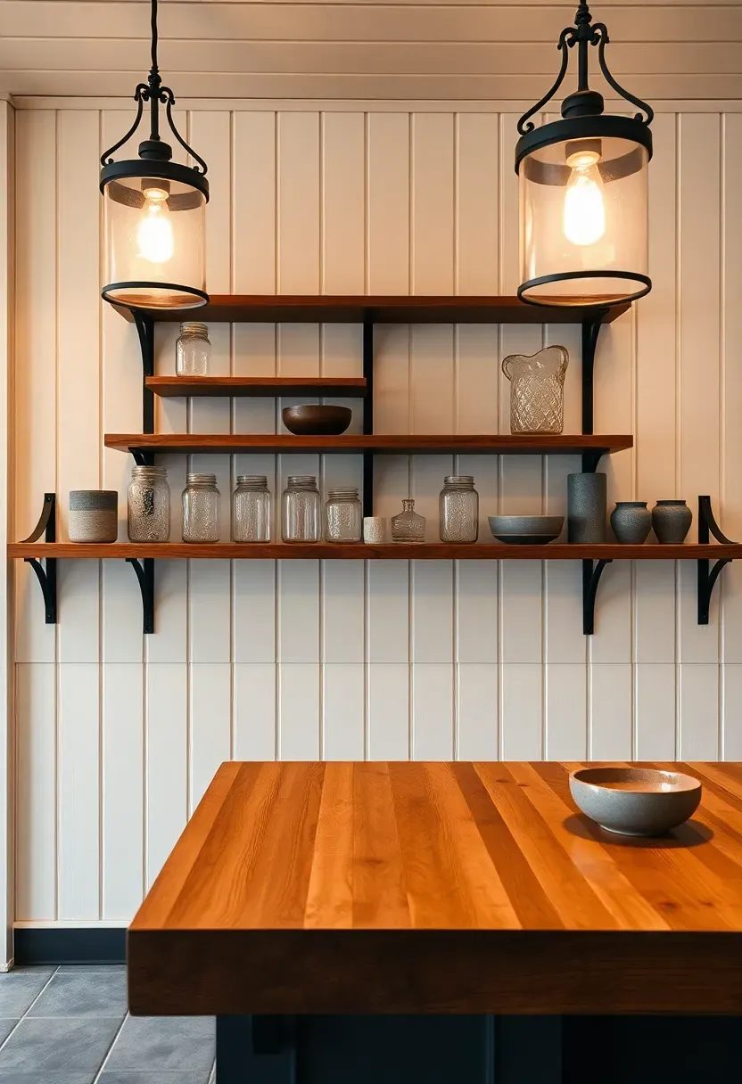 Farmhouse basement bar with white shiplap back wall, butcher block countertop, open shelving with mason jars, and wrought iron pendant lights
