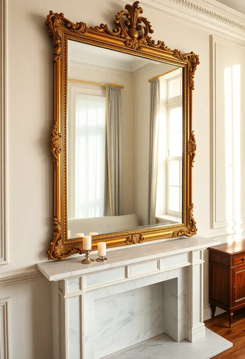 Large ornate vintage gold mirror above white marble fireplace mantel in classic living room