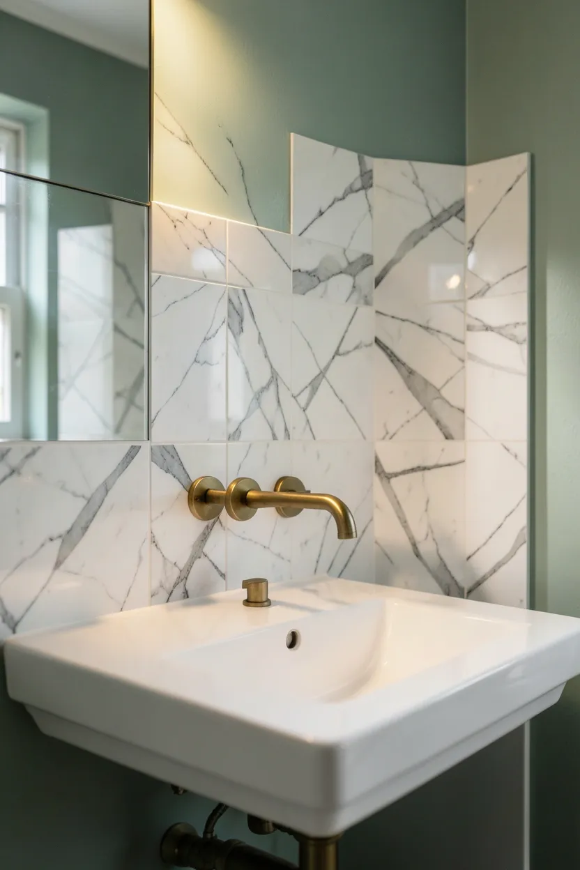 Carrara marble peel-and-stick backsplash tiles behind bathroom vanity — no-drill renter-friendly upgrade