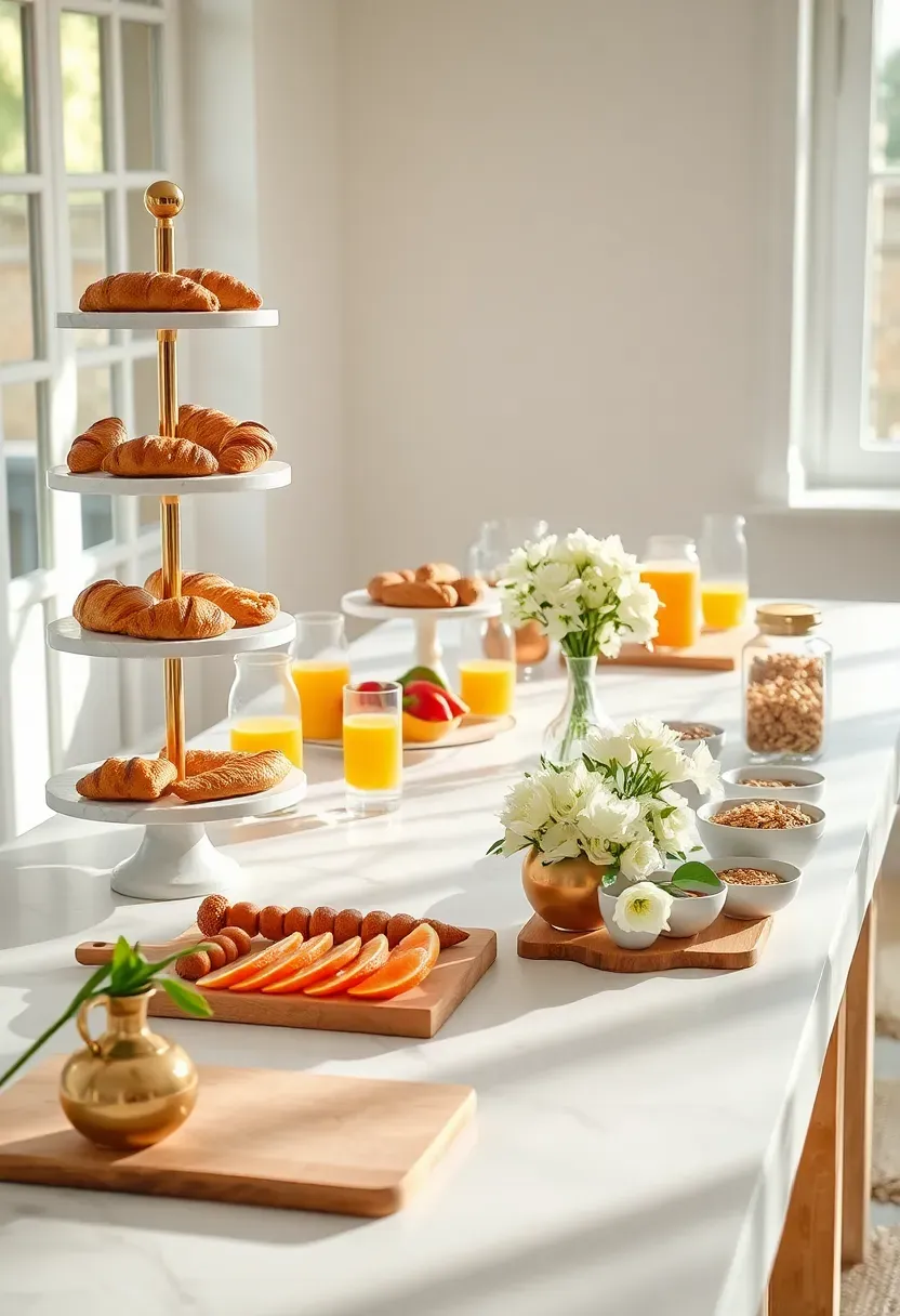 Brunch buffet station with tiered trays, juice carafes, pastries, fruit platters, and a floral arrangement