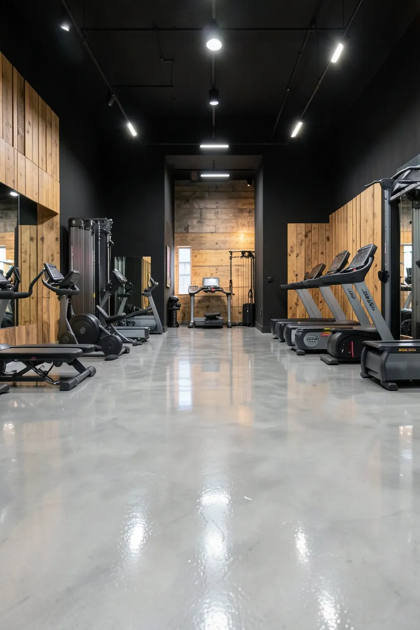 Glossy polished concrete floor in a modern industrial home gym with black walls and gym equipment