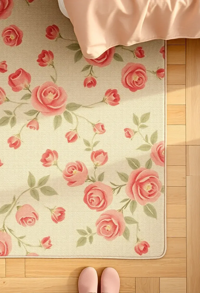 Soft floral patterned area rug in pink and cream tones on a light hardwood bedroom floor