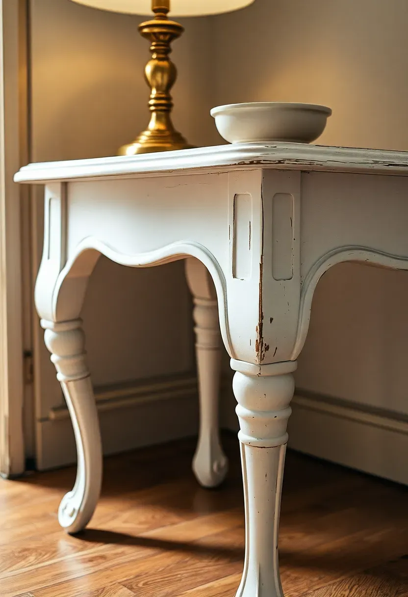 Ornate side table with carved turned legs in distressed white finish beside an armchair