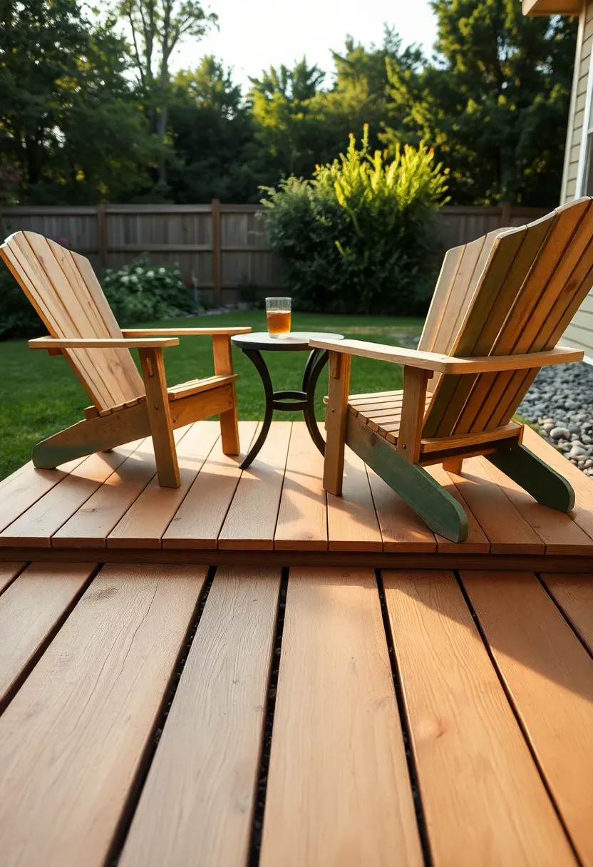 Ground-level floating deck made of cedar boards sitting directly on a gravel pad in a green backyard with Adirondack chairs