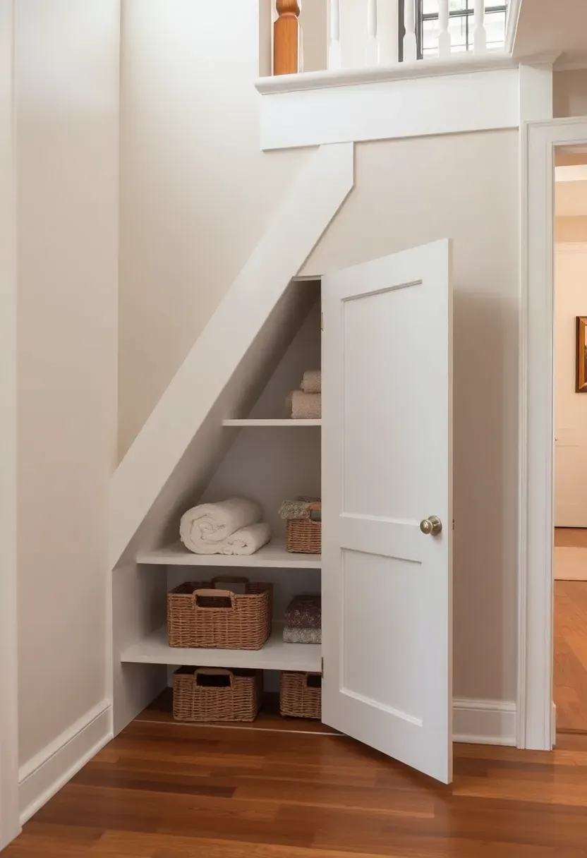 Bathroom closet built into the triangular space under a staircase with custom angled shelves