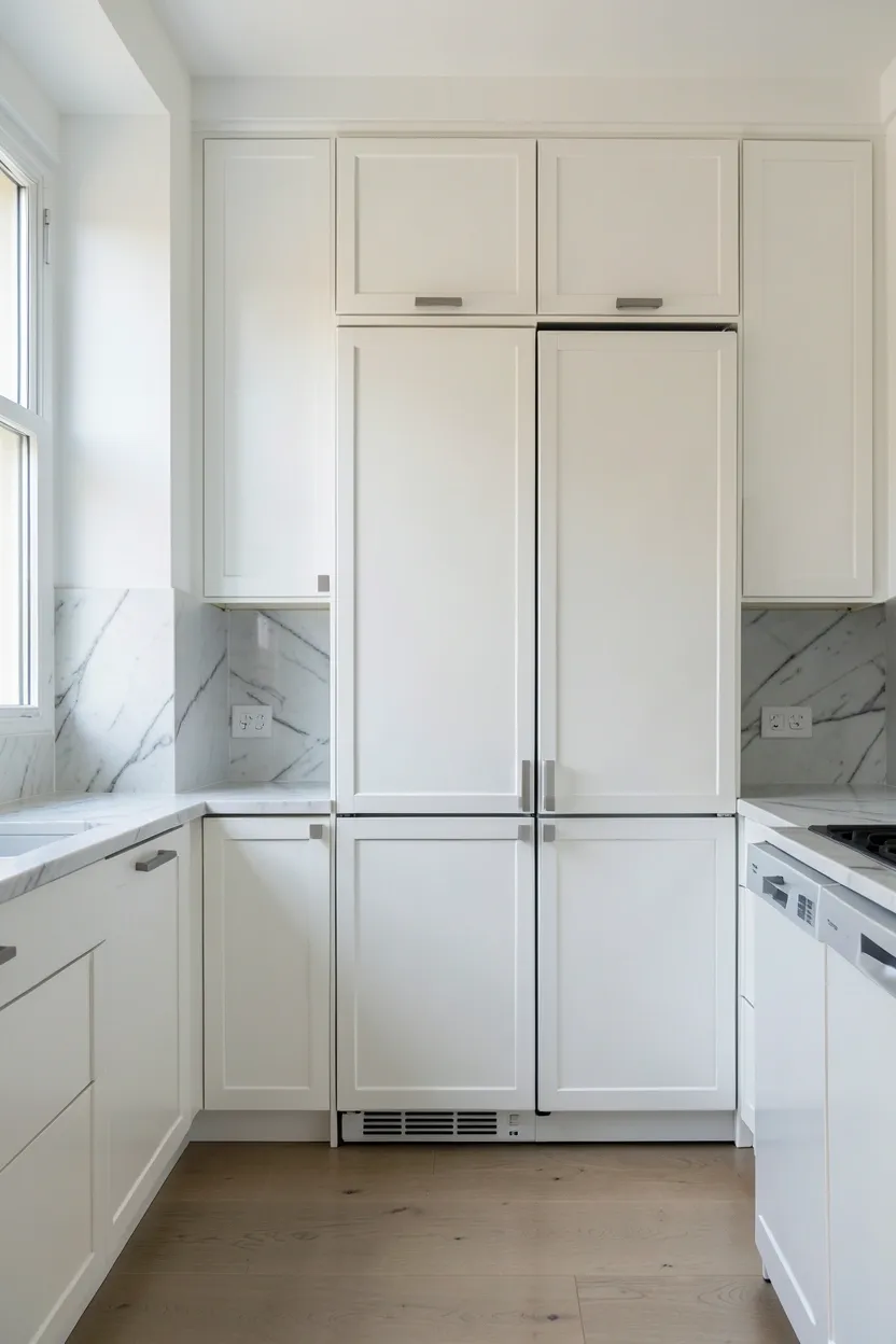 Hyper-realistic eye-level photograph of an elegant kitchen with integrated appliances hidden behind white cabinet panels. The refrigerator and dishwasher are completely concealed with matching cabinetry, creating a uniform wall. The cabinetry features frameless doors with integrated pulls in a continuous horizontal design. Marble backsplash and countertops visible on the sides. Natural light from window. Materials: white lacquer, marble, stainless steel handles. Streamlined elegant mood. Sharp details on cabinet panel alignment and seams. No text, no logos, no watermarks.</p>