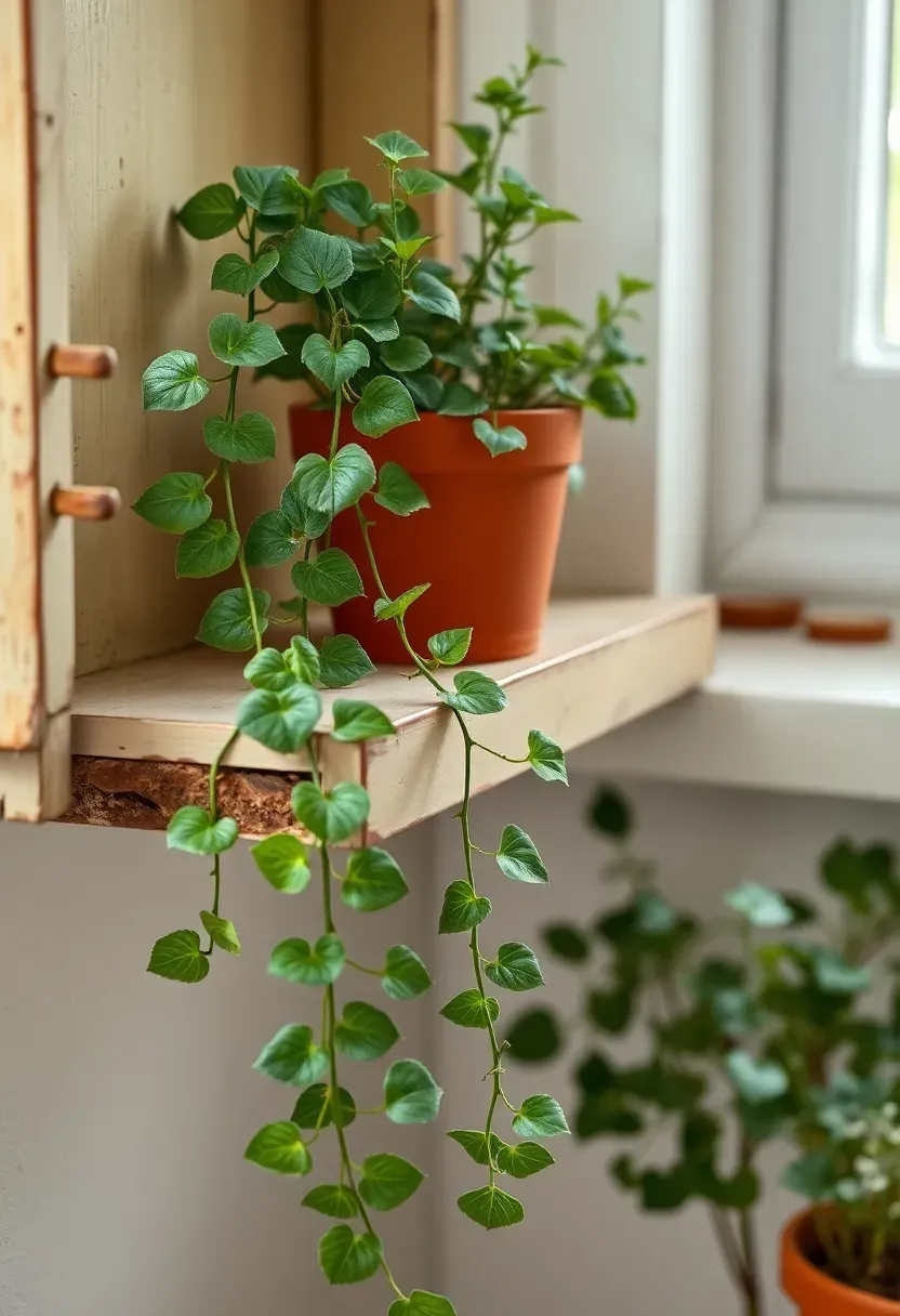 trailing ivy and potted herbs on a cream cottage wall shelf
