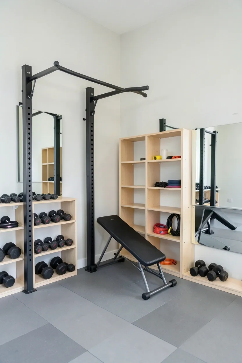 Compact corner gym setup with triangular folding bench, corner shelving for dumbbells, and resistance bands in a small apartment room