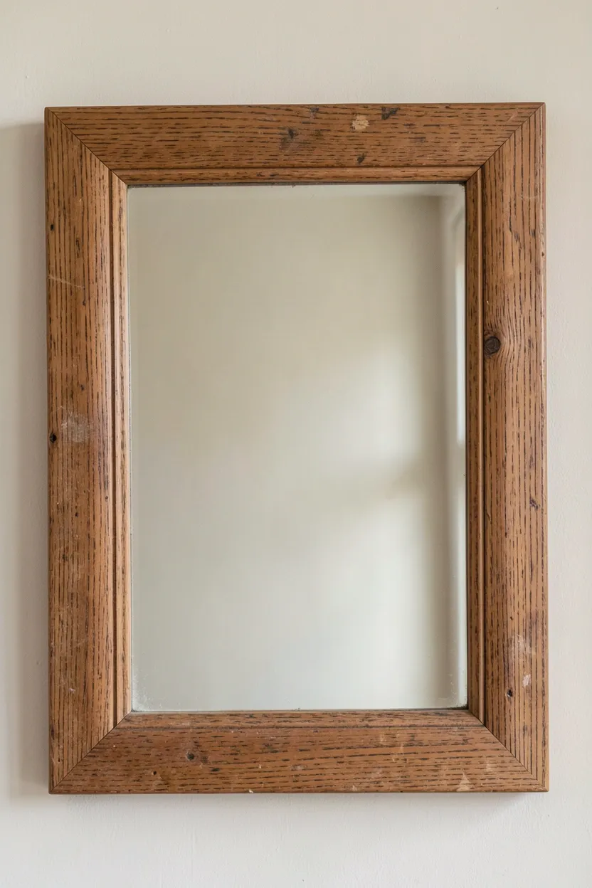 Large mirror with simple natural wood frame above a dresser reflecting light in a warm neutral bedroom