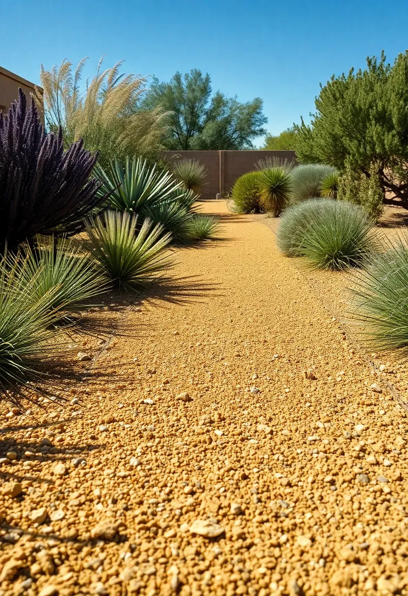 A decomposed granite walkway in warm gold tones running through a drought-tolerant backyard landscape with native plants
