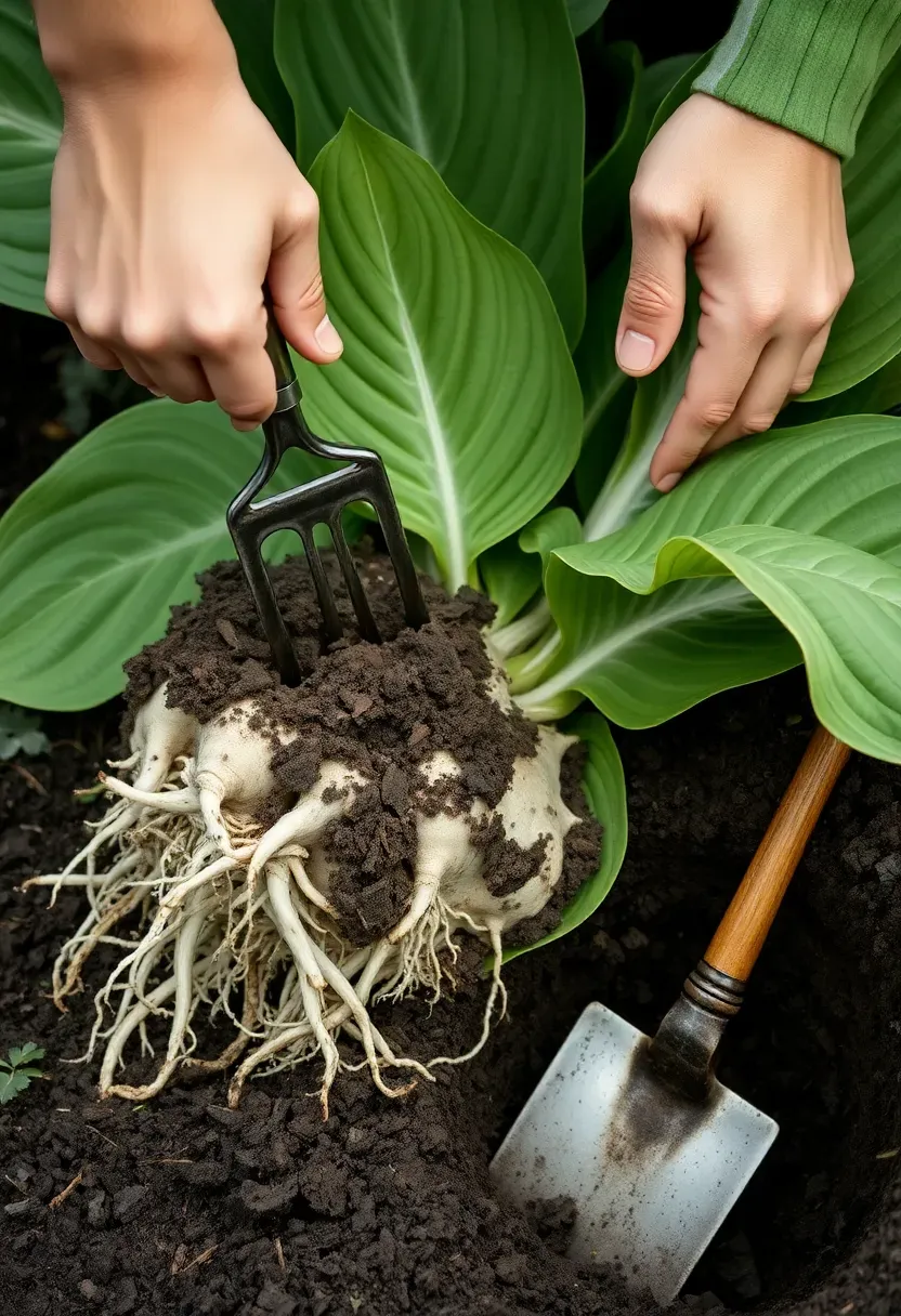 Hands dividing a large hosta plant into four sections next to a freshly dug garden bed in a shaded backyard