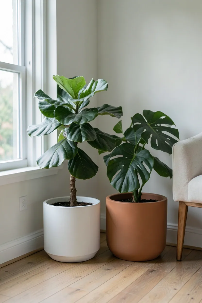 Tall fiddle leaf fig in a white ceramic pot beside a Scandinavian sofa adding natural color and organic shape to a neutral living room