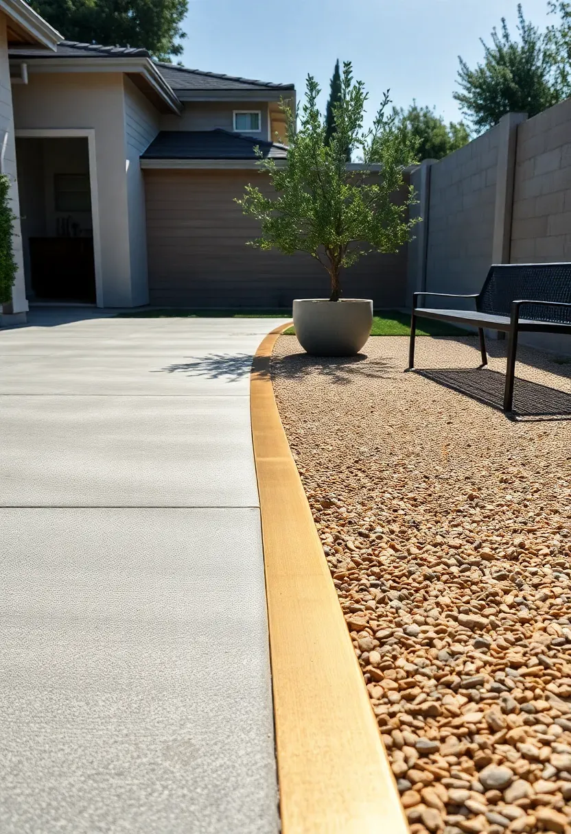Seamless concrete transition zone where a residential driveway flows into a backyard patio area using different concrete finishes to define each zone