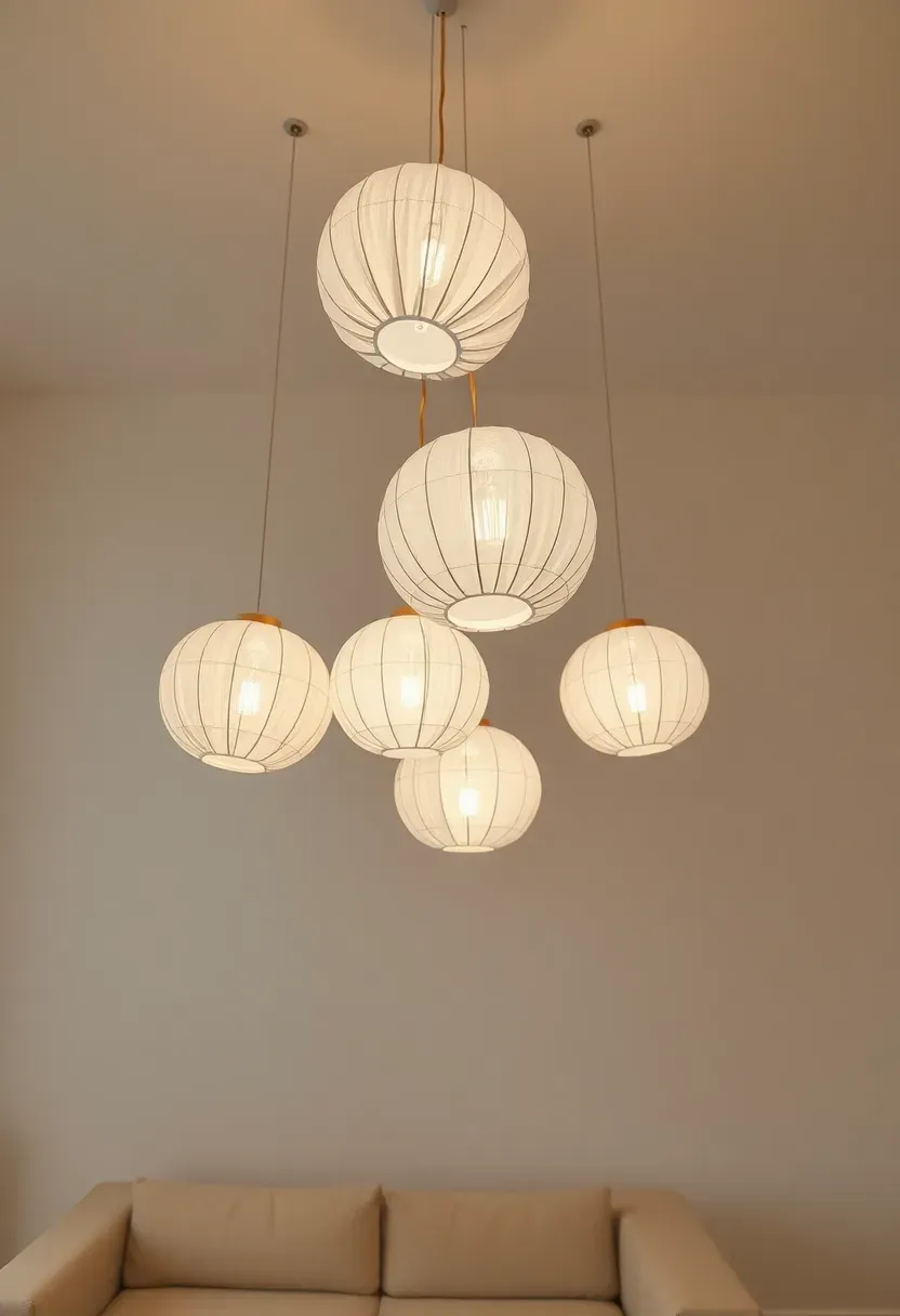 Hyper-realistic 3/4 view of minimalist living room ceiling area featuring cluster of 4 white spherical paper lanterns suspended at varying heights creating organic composition. Simple white paper shades with visible subtle paper texture. Warm white LED bulbs inside creating soft diffused glow throughout space. Light wood floor and cream sofa visible below. Materials: rice paper shades, LED filament bulbs. Soft ambient illumination. Japandi minimalist aesthetic. Shallow depth of field, sharp details on paper texture and cluster arrangement. No text, no logos, no watermarks.</p>