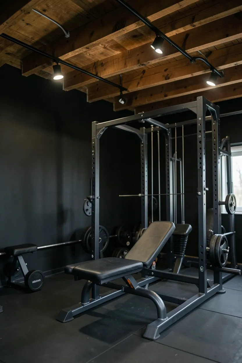 Basement gym conversion with dramatic black walls and exposed natural wood ceiling joists, track lighting suspended from structural beams