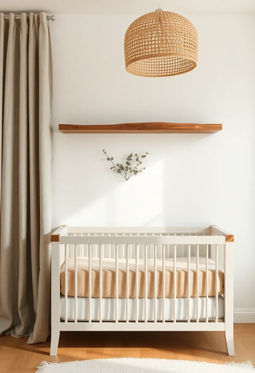 organic modern boy nursery with live edge wood shelf linen bedding and sculptural decor