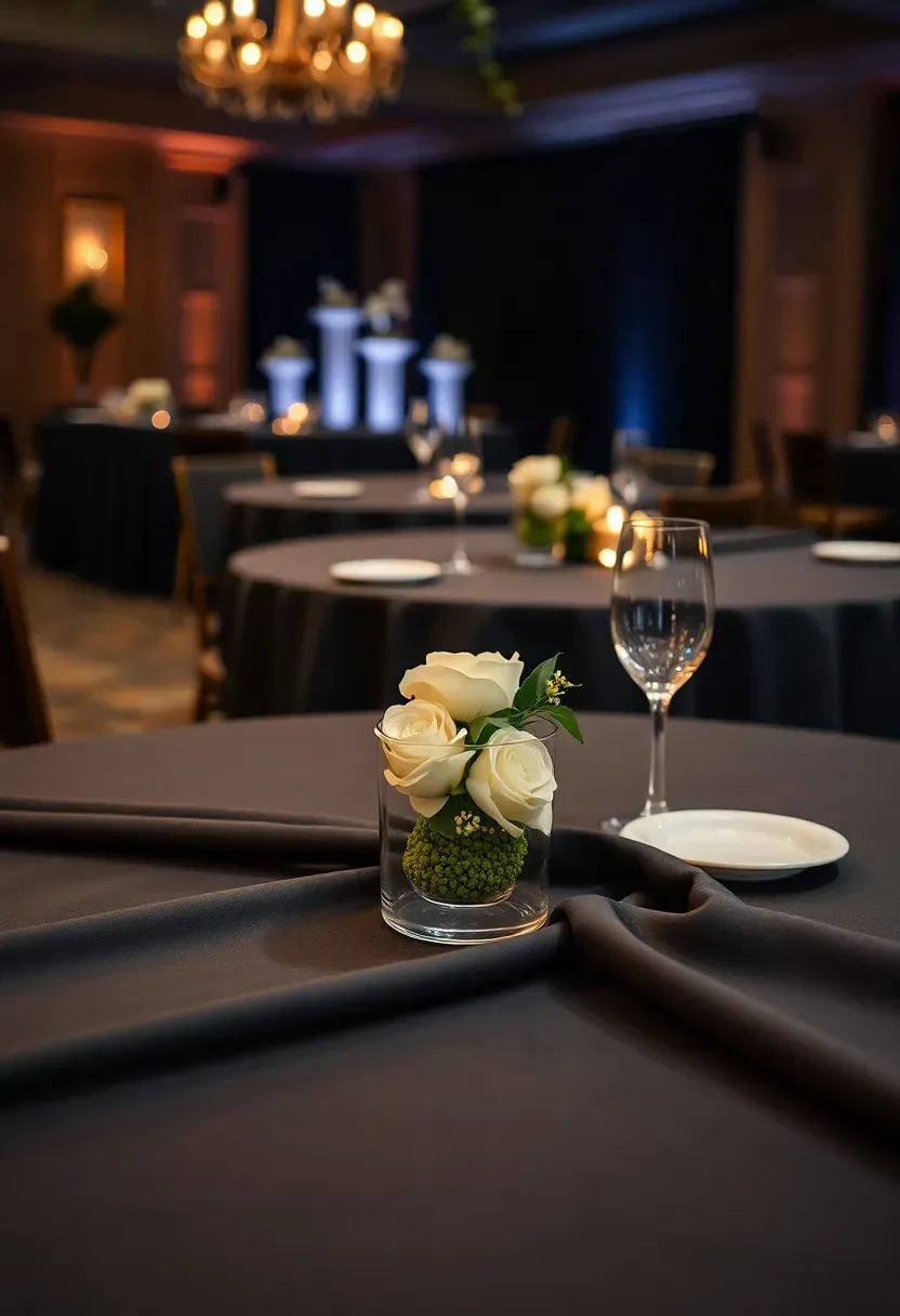 Cocktail party standing tables with high-top rounds draped in dark fabric, small floral arrangements, and appetizer plates