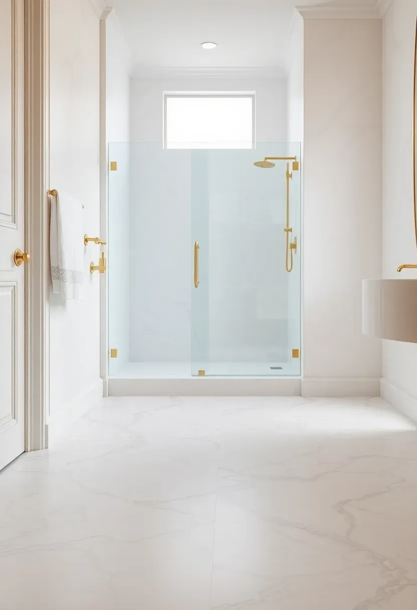 Bathroom with white Carrara marble floor tiles polished finish brass fixtures and a glass shower enclosure elegant classic look