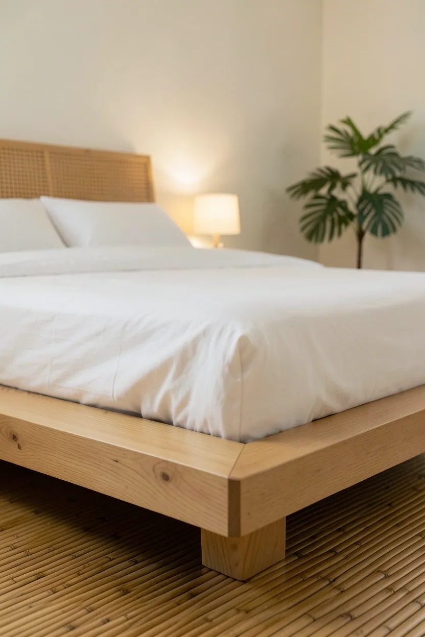 Low-profile platform bed in light teak with clean lines in a minimal tropical Japandi bedroom