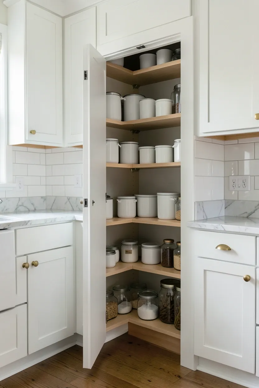 Hyper-realistic eye-level photograph of an elegant kitchen with a pocket door leading to a pantry. The door is partially open, sliding into the wall pocket, revealing neatly organized pantry shelves with white containers and glass jars. The door matches the surrounding white shaker cabinetry with brass pulls. Marble countertops and white subway tile backsplash visible in the kitchen area. Natural light streaming in. Materials: white painted wood, brass, clear glass containers. Organized and streamlined elegant mood. Sharp focus on the pocket door mechanism and pantry contents. No text, no logos, no watermarks.</p>