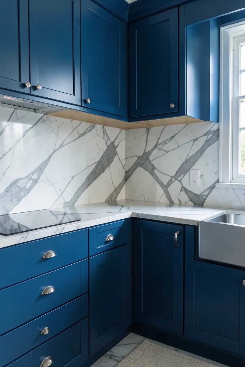 Blue Kitchen with Marble Backsplash and Countertops