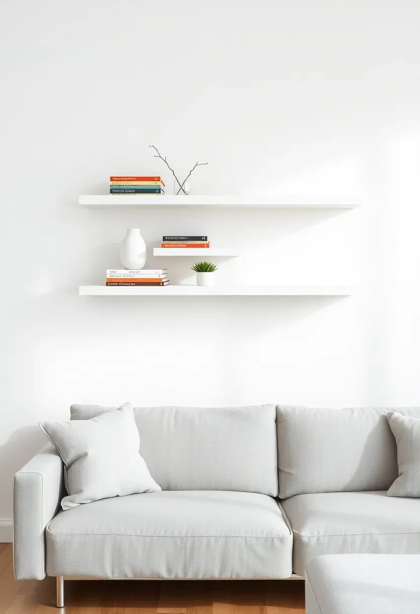 Hyper-realistic straight-on shot of styled open shelving in Scandinavian living room. Three white floating wooden shelves with intentionally sparse arrangement: stack of books organized by color, white ceramic vase with single branch, small potted succulent, framed black-and-white photo. White wall behind. Light gray sofa visible below. Light oak floor. Minimal aesthetic, curated display. Materials: white painted wood, books, ceramic, greenery, photo frame. Bright natural light, orderly calm mood. Sharp details on shelf objects and arrangement, visible room context, no text, no logos.</p>