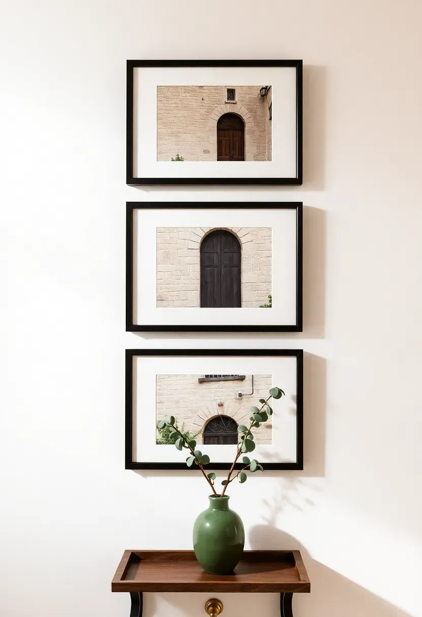 Three travel photographs of European doorways printed in matching cream mats and slim black frames hung in a horizontal row above a bathroom shelf