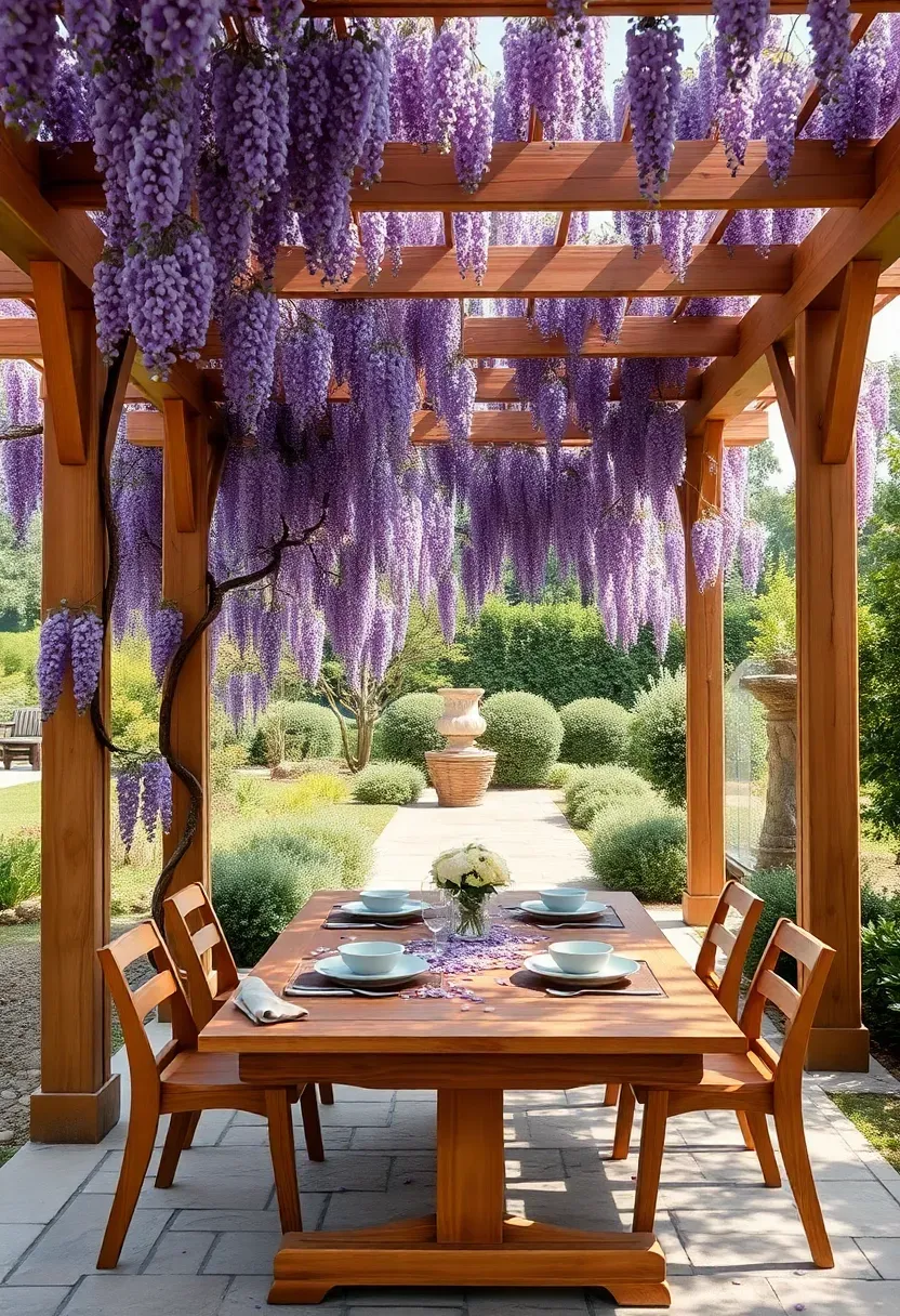 Cedar pergola covered with mature wisteria vines creating dappled shade over an outdoor dining table in a backyard oasis