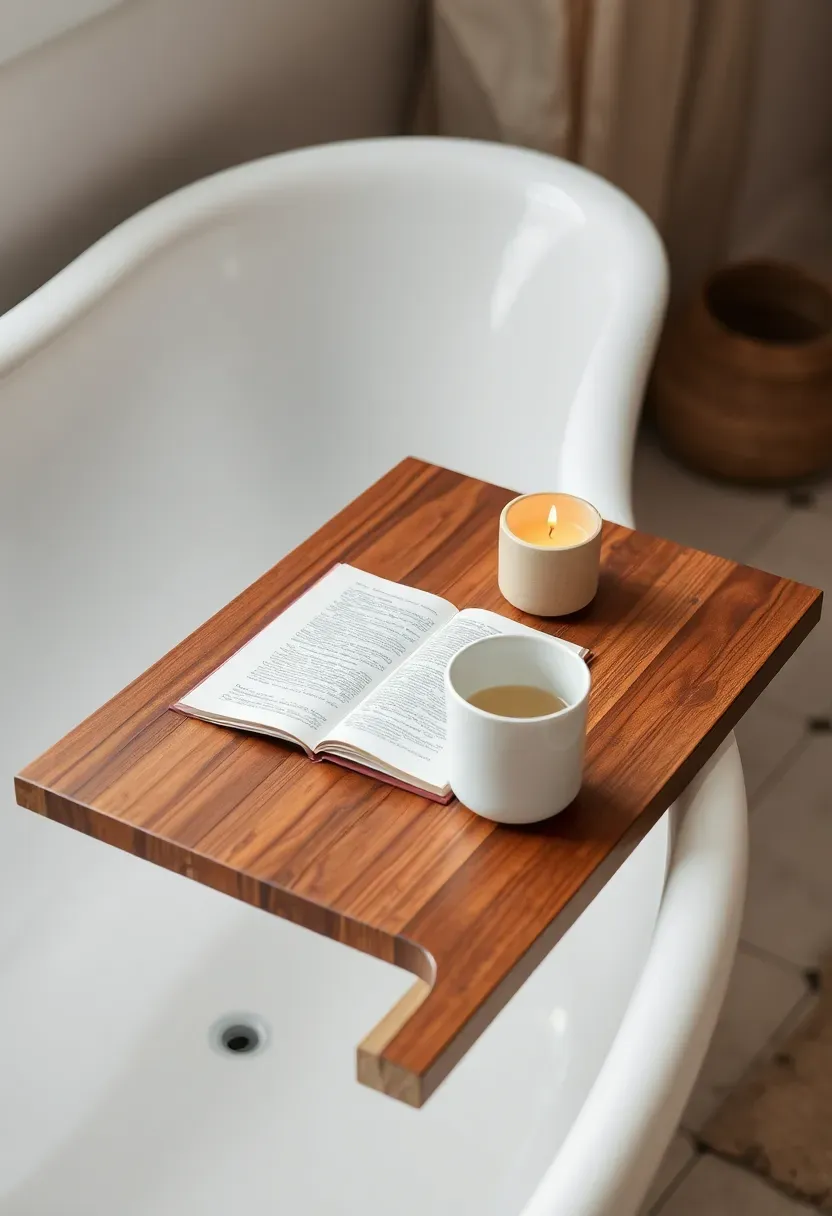 Wooden bath tray resting across a white freestanding bathtub holding a book, small candle, and cup of tea