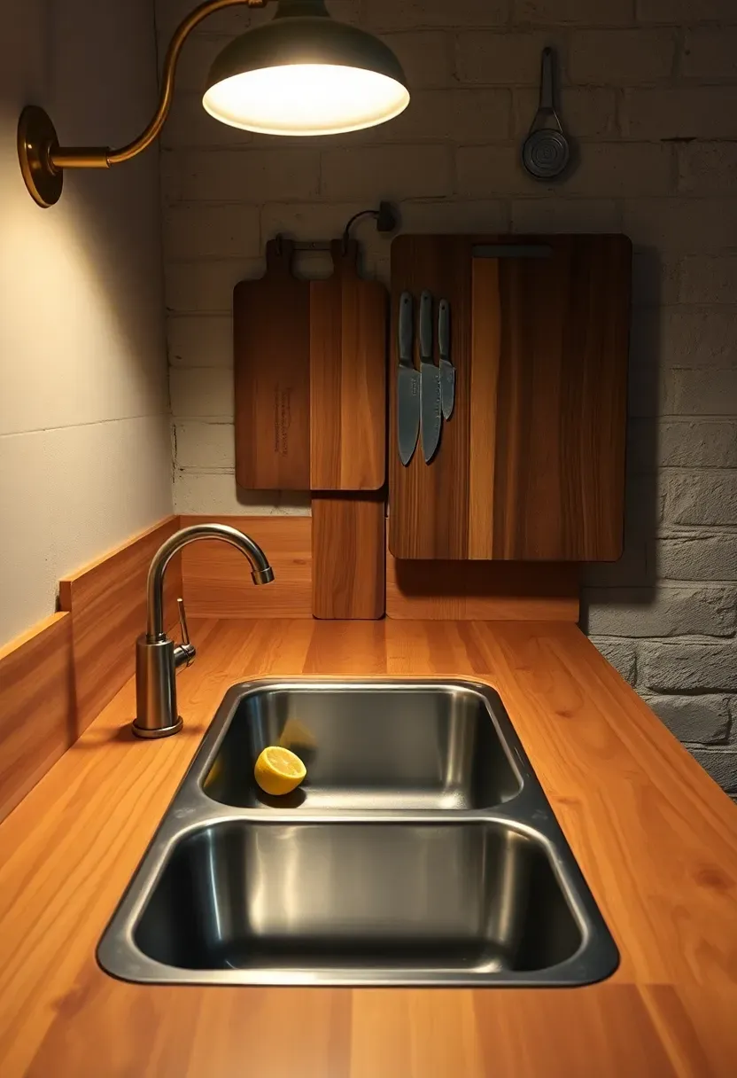 Basement kitchenette with a thick edge-grain butcher block counter, wooden cutting boards mounted on wall, knife rack, and a prep-focused layout