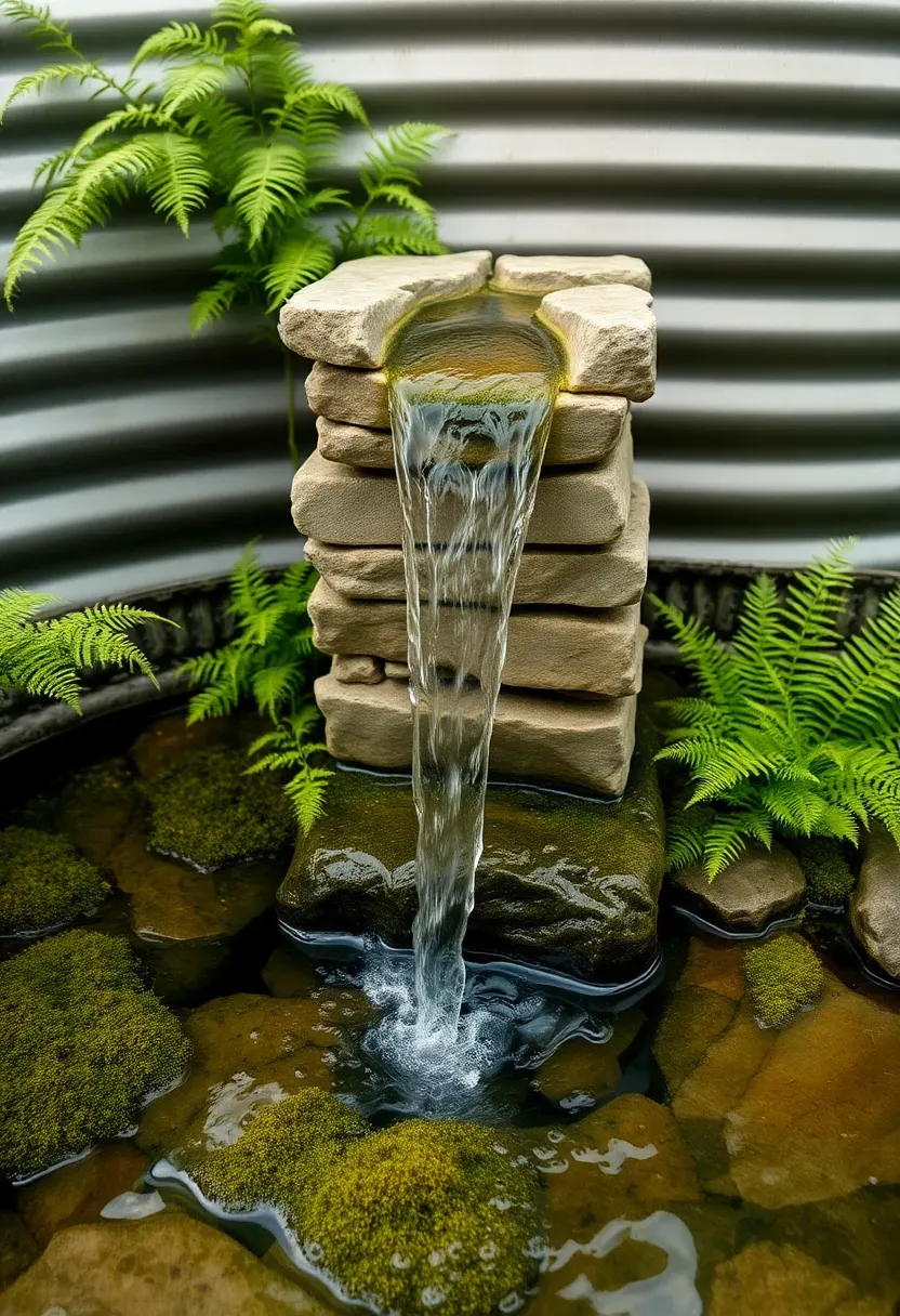 Stock tank pool with a small cascading waterfall feature flowing from a stacked stone column into the pool, surrounded by ferns and moss