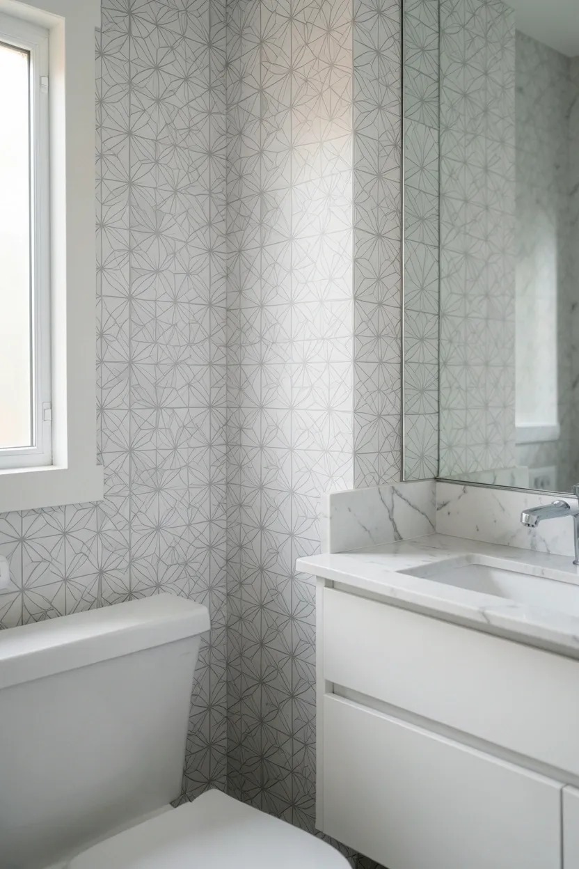 Botanical removable wallpaper on a rental bathroom accent wall behind the vanity — peel-and-stick design