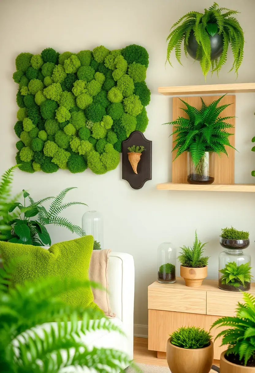 Hyper-realistic view of moss and fern filled living room. Preserved moss wall art in multiple green shades, fern terrariums on light oak shelves, staghorn fern mounted on plaque, moss in shallow containers. Materials: various moss textures (sheet, pole, pillow), fern leaves, light oak wood, glass terrariums. Soft natural daylight with green-tinted glow from abundant plantings. Botanical organic mood with green palette. Shallow depth of field, sharp details on moss and fern textures, minimalist furniture with plants as focus, visible humidity-loving environment.</p>