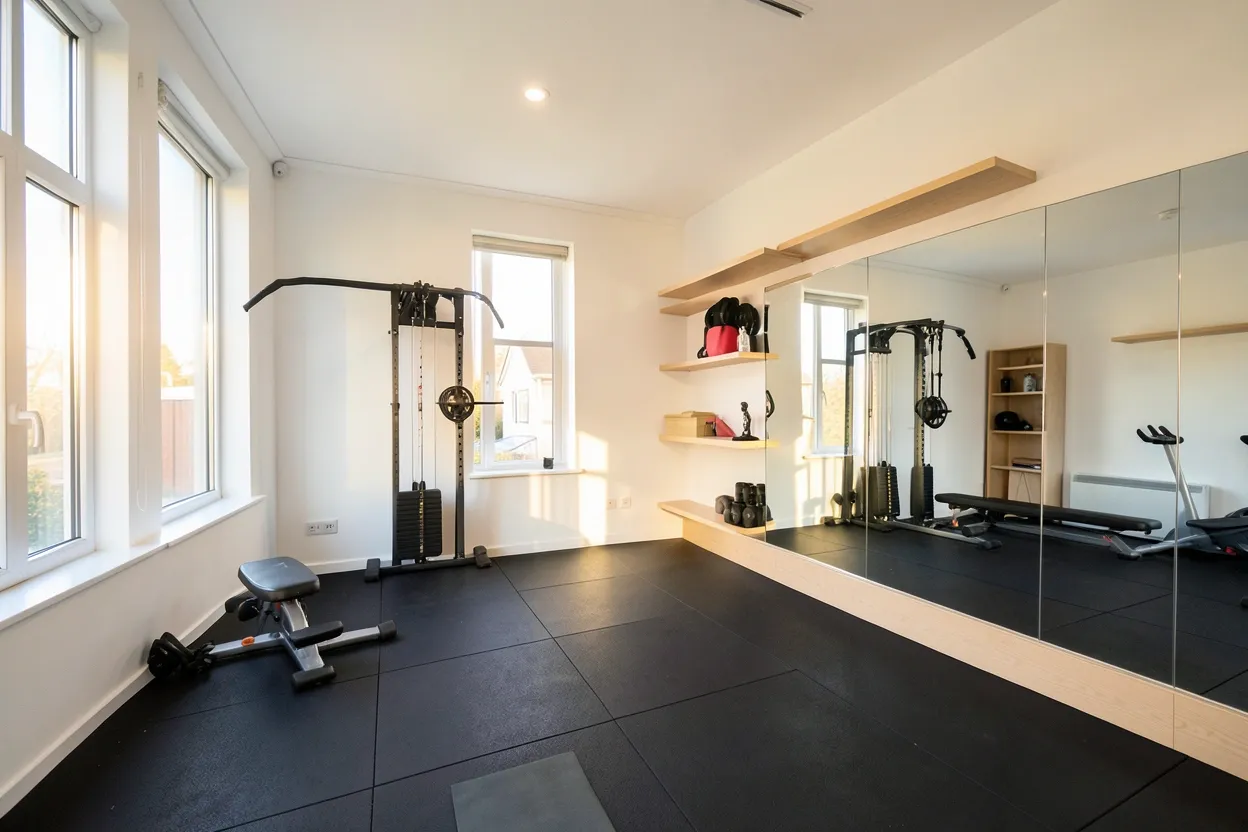 Home gym inspiration collage showing corner setups, garage transformations, and minimalist apartment workout spaces