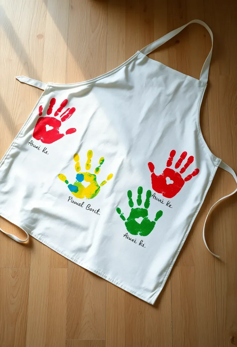 white cotton apron with colorful child handprints painted across the front