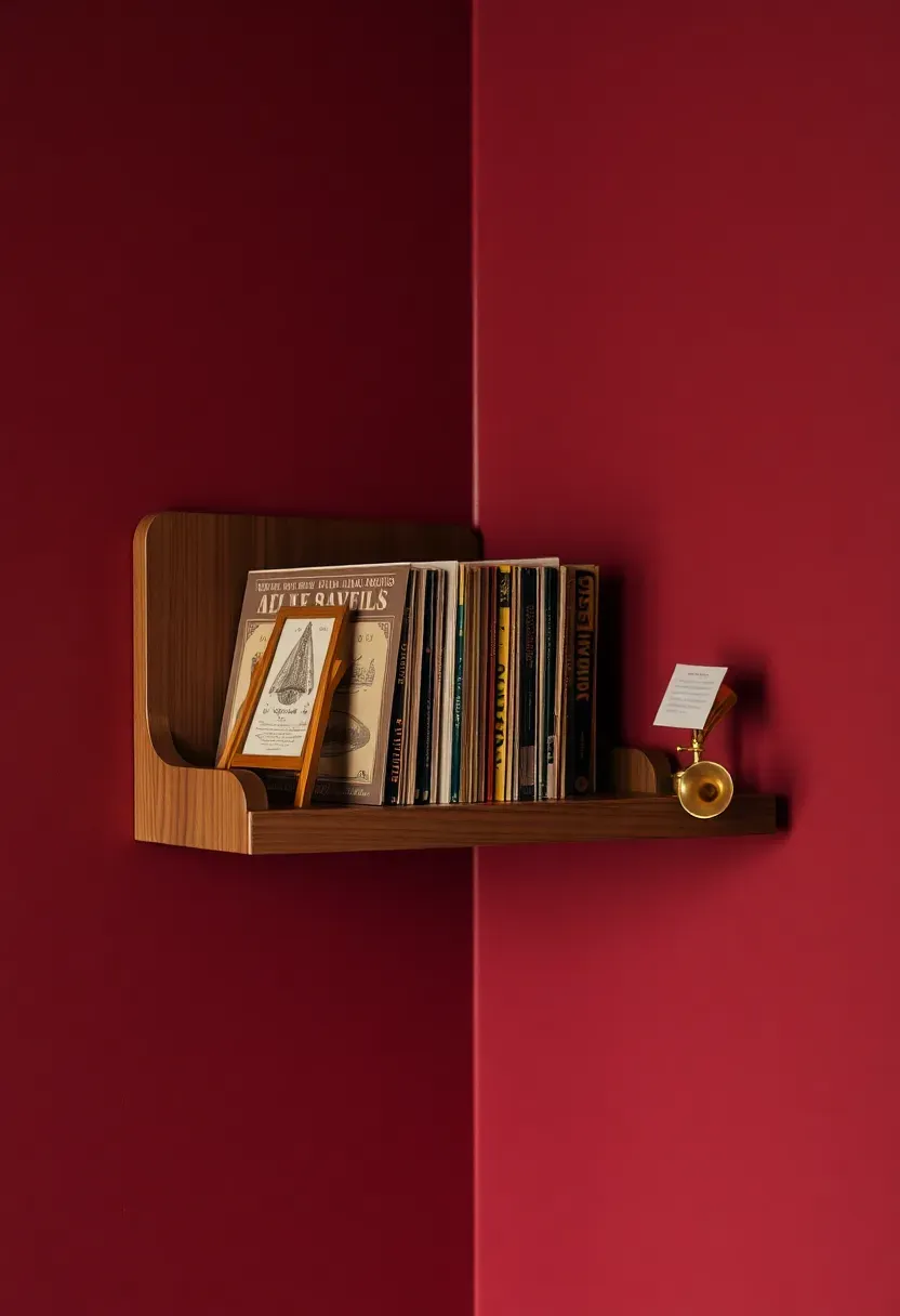 Vintage music corner wall shelf on burgundy wall — walnut shelf with vinyl record sleeves standing upright, a brass metronome, and a miniature gramophone horn figurine