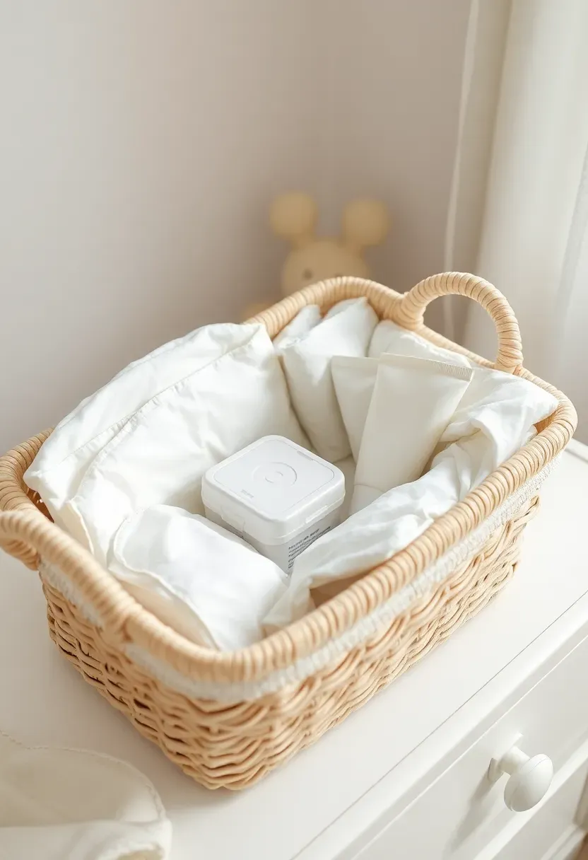 organized diaper caddy basket filled with diapers wipes diaper cream and a small changing pad in a clean white nursery setting