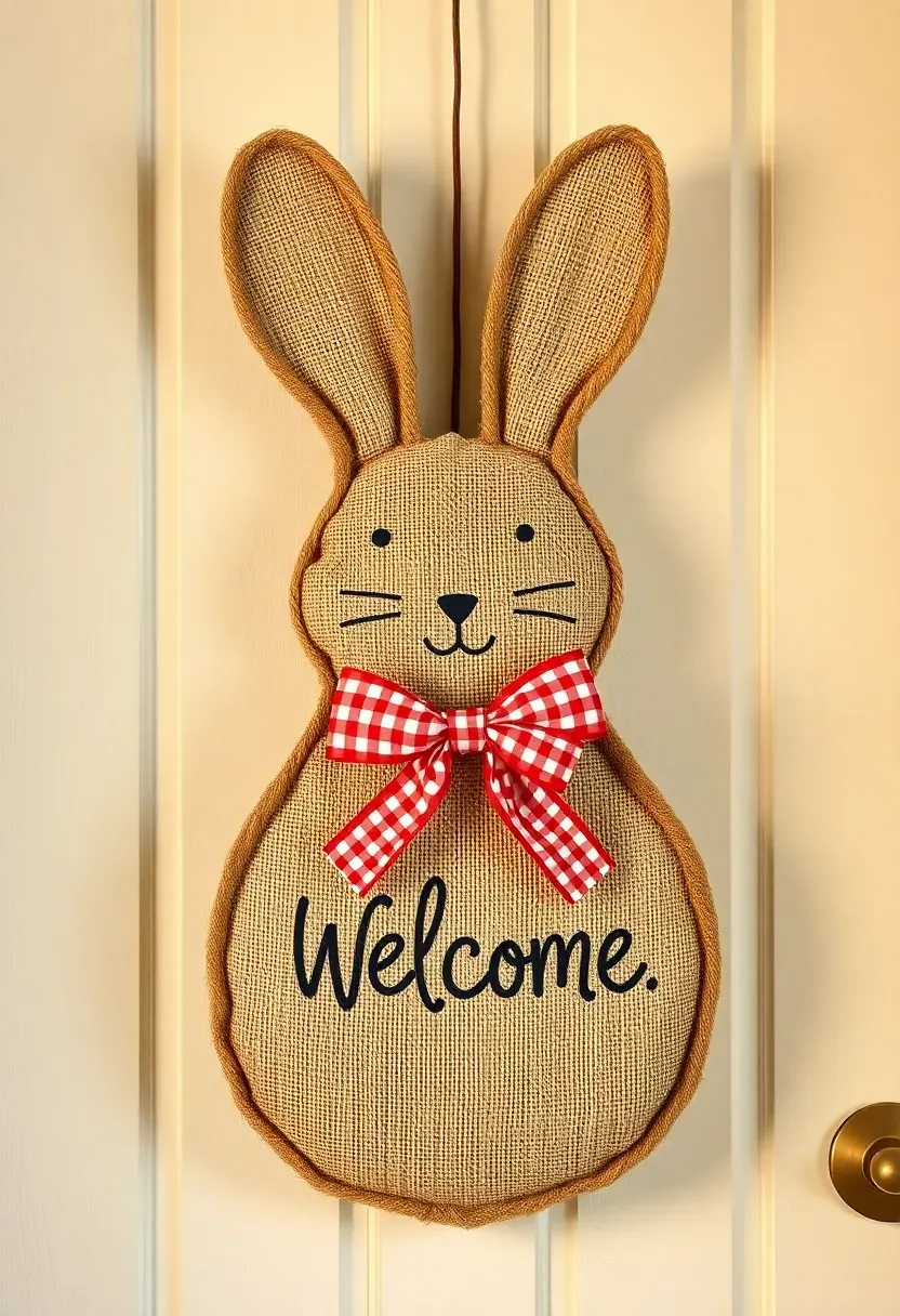 burlap door sign shaped like a bunny with hand-lettered welcome text and gingham ribbon bow