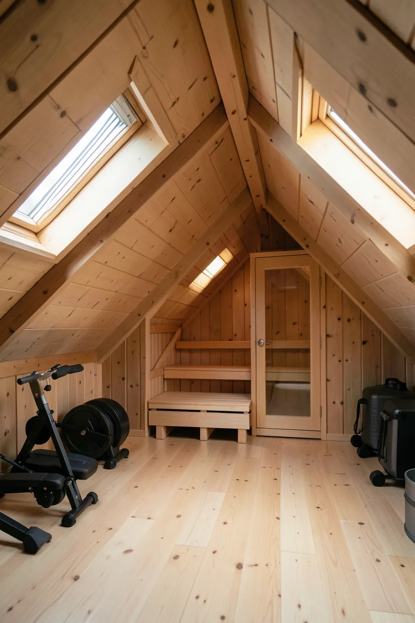 Converted attic home gym with cedar sauna centered under roof peak, sloped ceiling with skylight, compact equipment below eaves, and hardwood floors