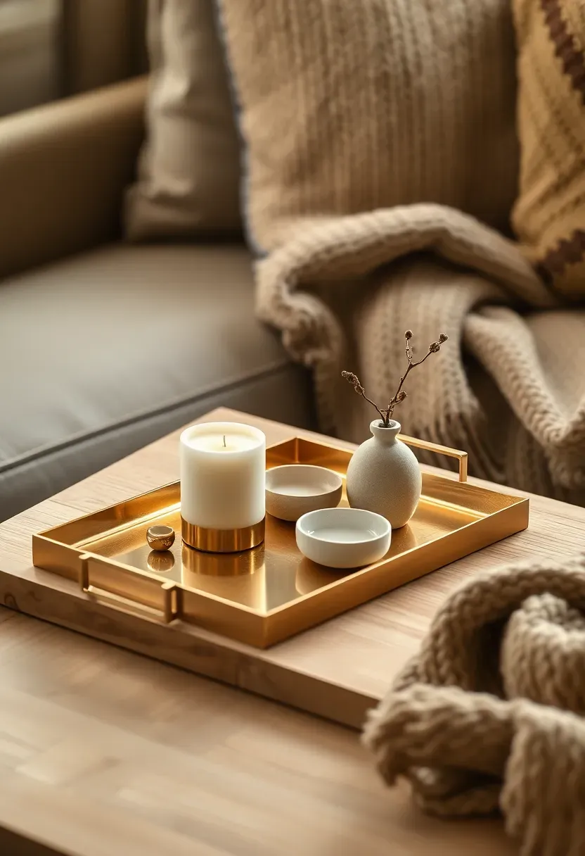 Small decorative tray on a side table containing a candle a ring dish and a tiny vase