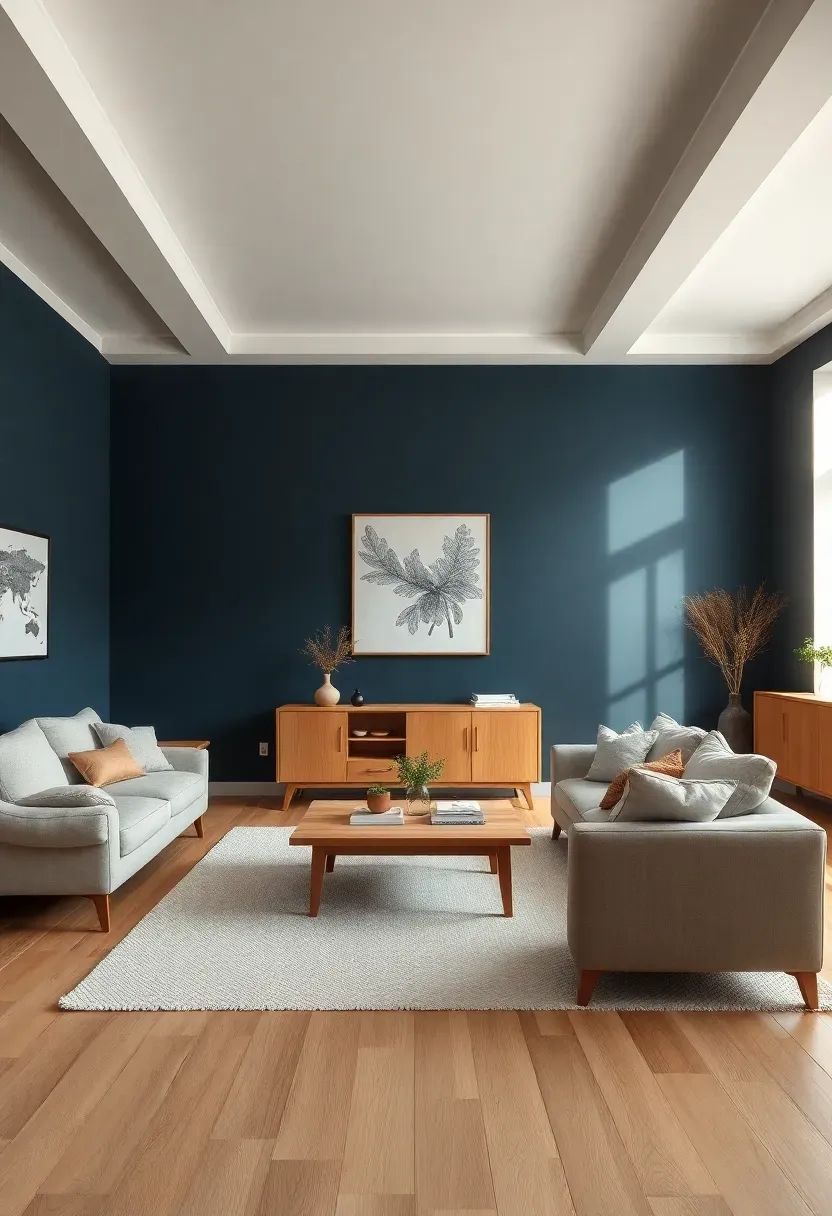 Hyper-realistic wide shot of minimalist living room with navy blue walls light oak flooring white ceiling beige sofa light oak coffee table light oak sideboard. Materials: matte navy blue paint light oak wood floors and furniture beige linen sofa white wool rug. Bright natural daylight warm wood grain visible against navy walls balanced inviting atmosphere. Sharp contrast between navy walls and oak surfaces clean composition no clutter no text no watermarks.</p>