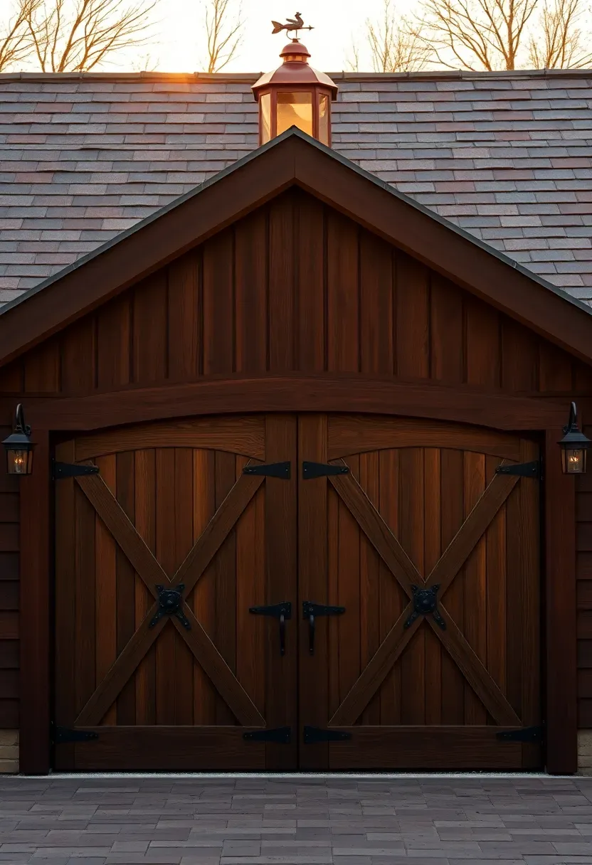 Carriage house style attached garage with arched wooden doors, cupola, and weathervane on top