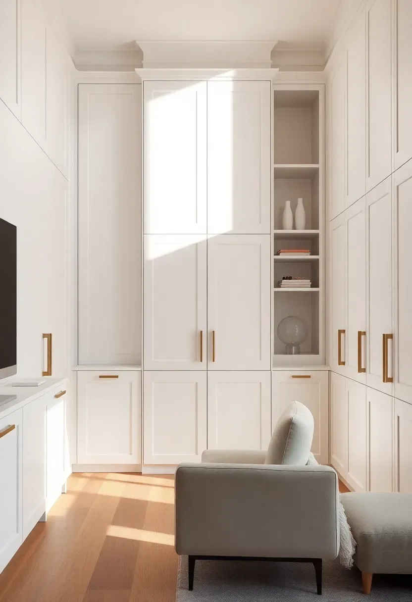 Hyper-realistic straight-on view of floor-to-ceiling built-in white cabinets in a minimalist living room. Materials: matte white lacquer cabinets, light oak wood floor, cream walls, integrated brass handle pulls. Natural light from side window creating soft shadows showing cabinet depth. Clean uncluttered space with one simple chair and small side table. Cabinets have minimal seams, handle-less lower sections, some open upper shelving with carefully arranged objects. Sharp focus on cabinet details. No text, no logos, no watermarks.</p>